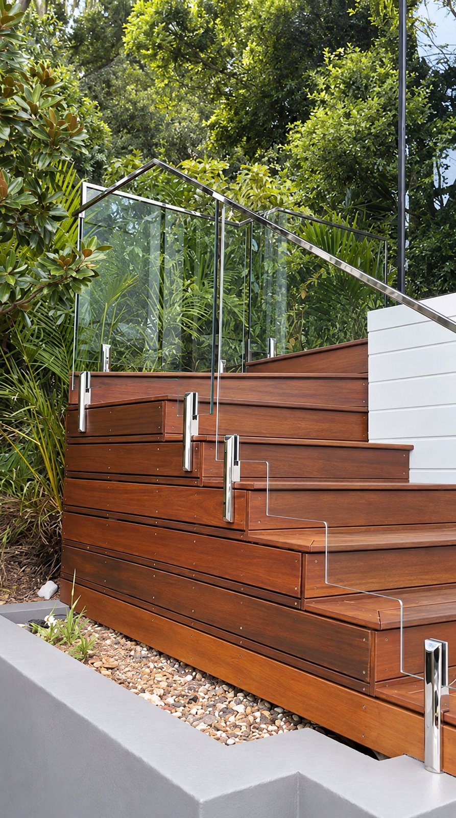 Stepped frameless glass with polished handrail on the timber garden stairs - Whale Beach house - frameless glass, ocean views