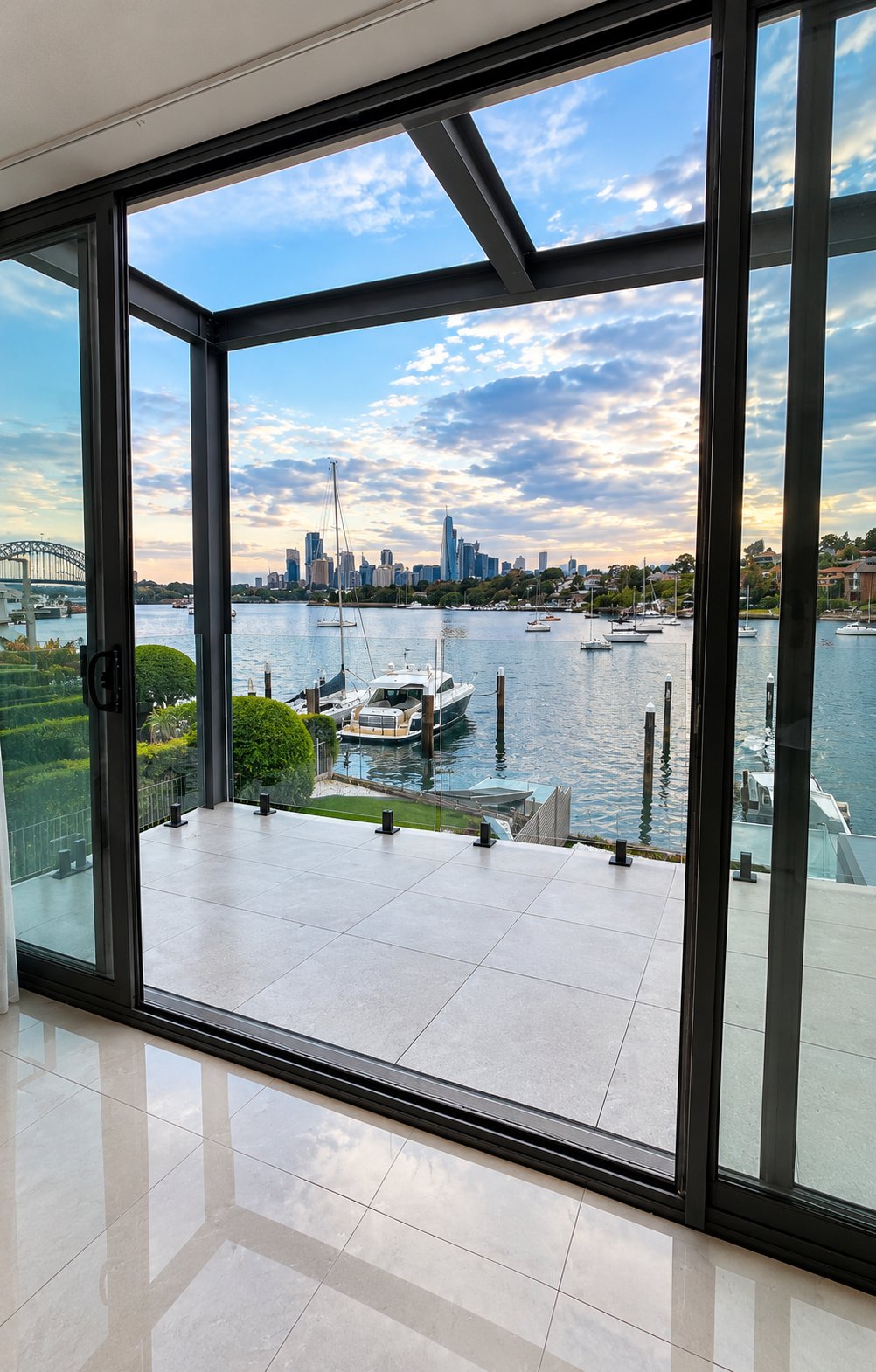 The view from inside - glass balustrade framing the harbour at dusk - Harbourfront terrace - frameless glass, Rozelle