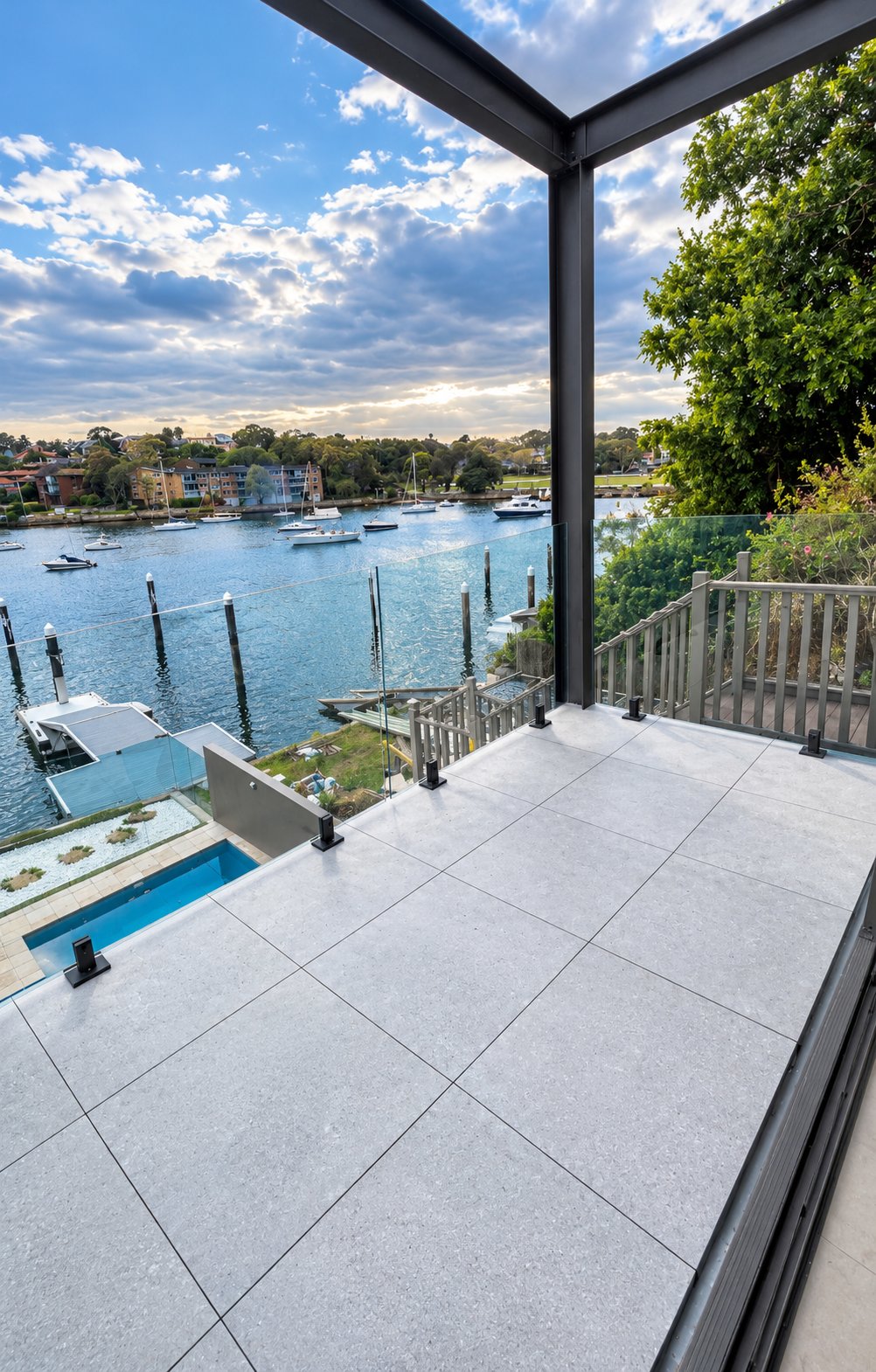 Spigot-fixed glass around the terrace, pool fencing below - Harbourfront terrace - frameless glass, Rozelle