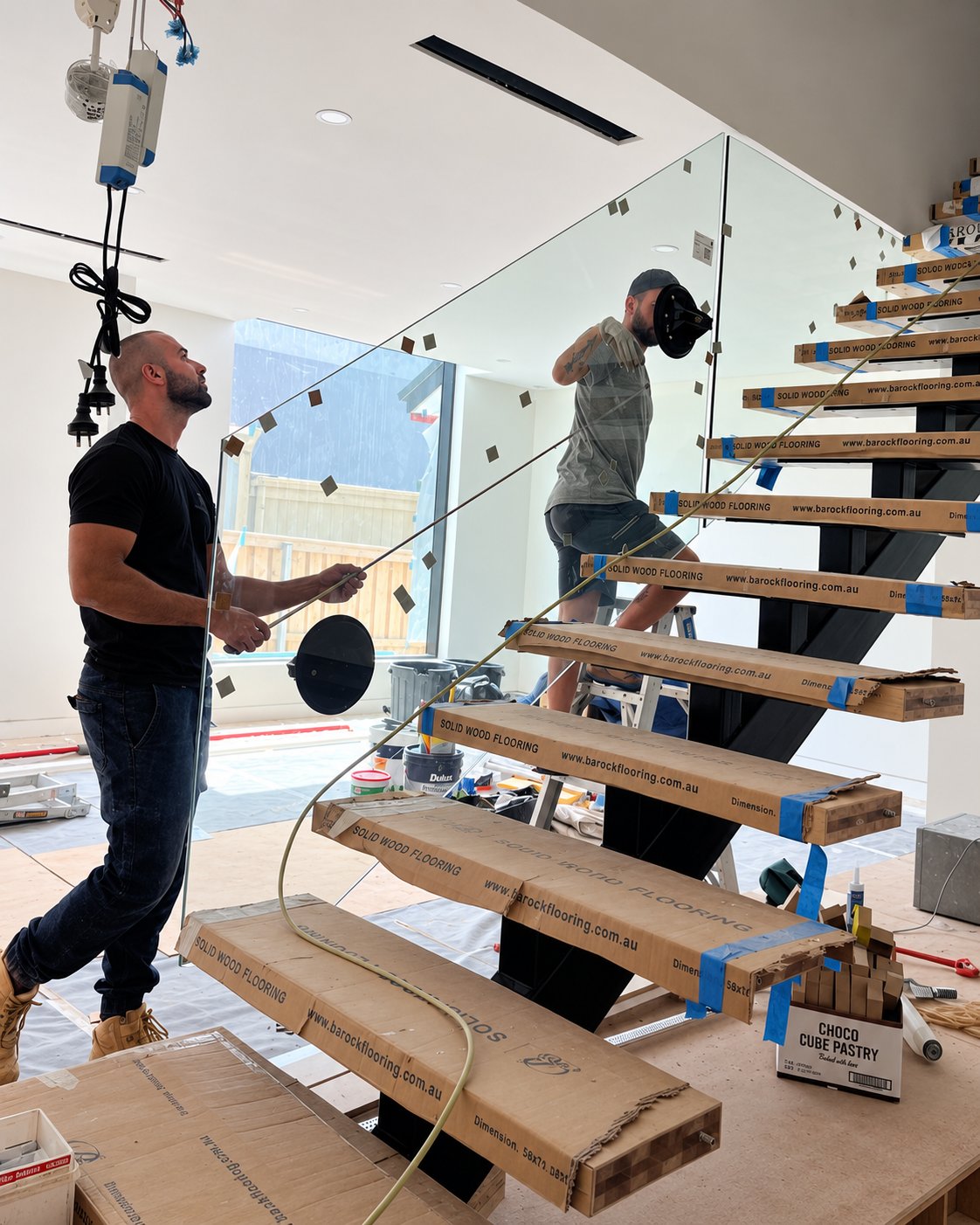 Our team lifting the stair panels into place on vacuum cups - New staircase glass with welded top rail - Strathfield
