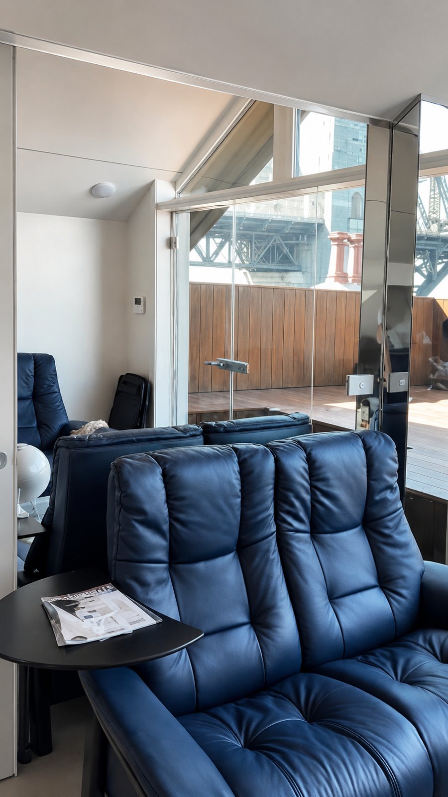 Mirrored wall and polished stainless trims reflecting the Harbour Bridge - Oversized shaped wall mirror - Kirribilli