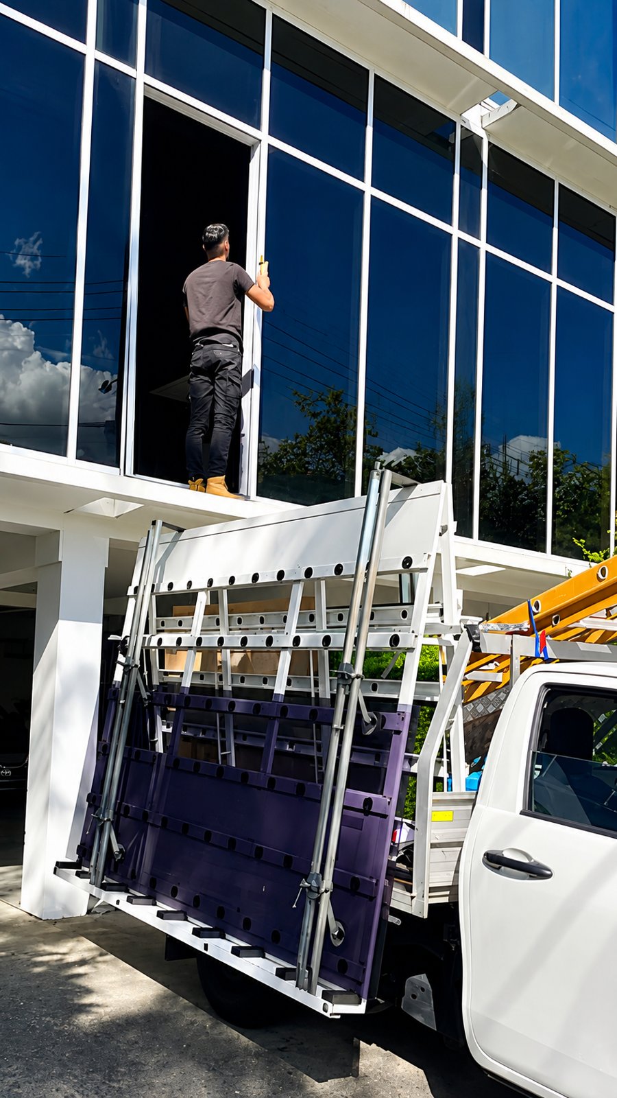 Tinted commercial window glass replacement - Silverwater - during works