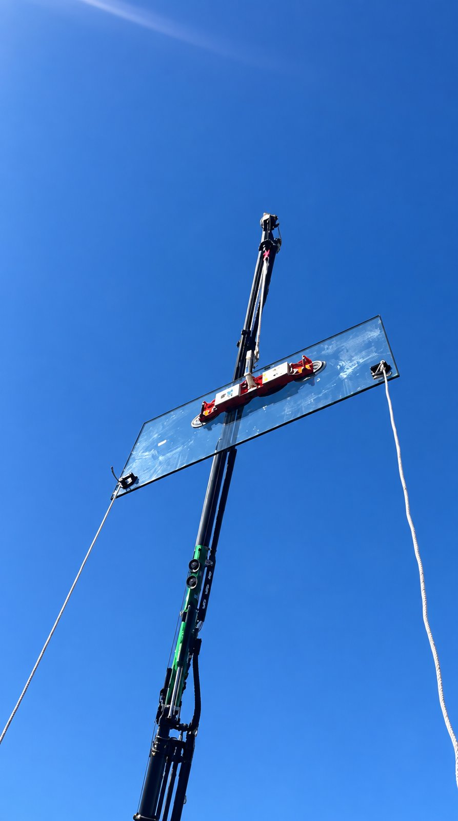 The oversized glass panel airborne on the vacuum lifter, tag lines keeping it steady - Crane-lift window glass replacement - Palm Beach