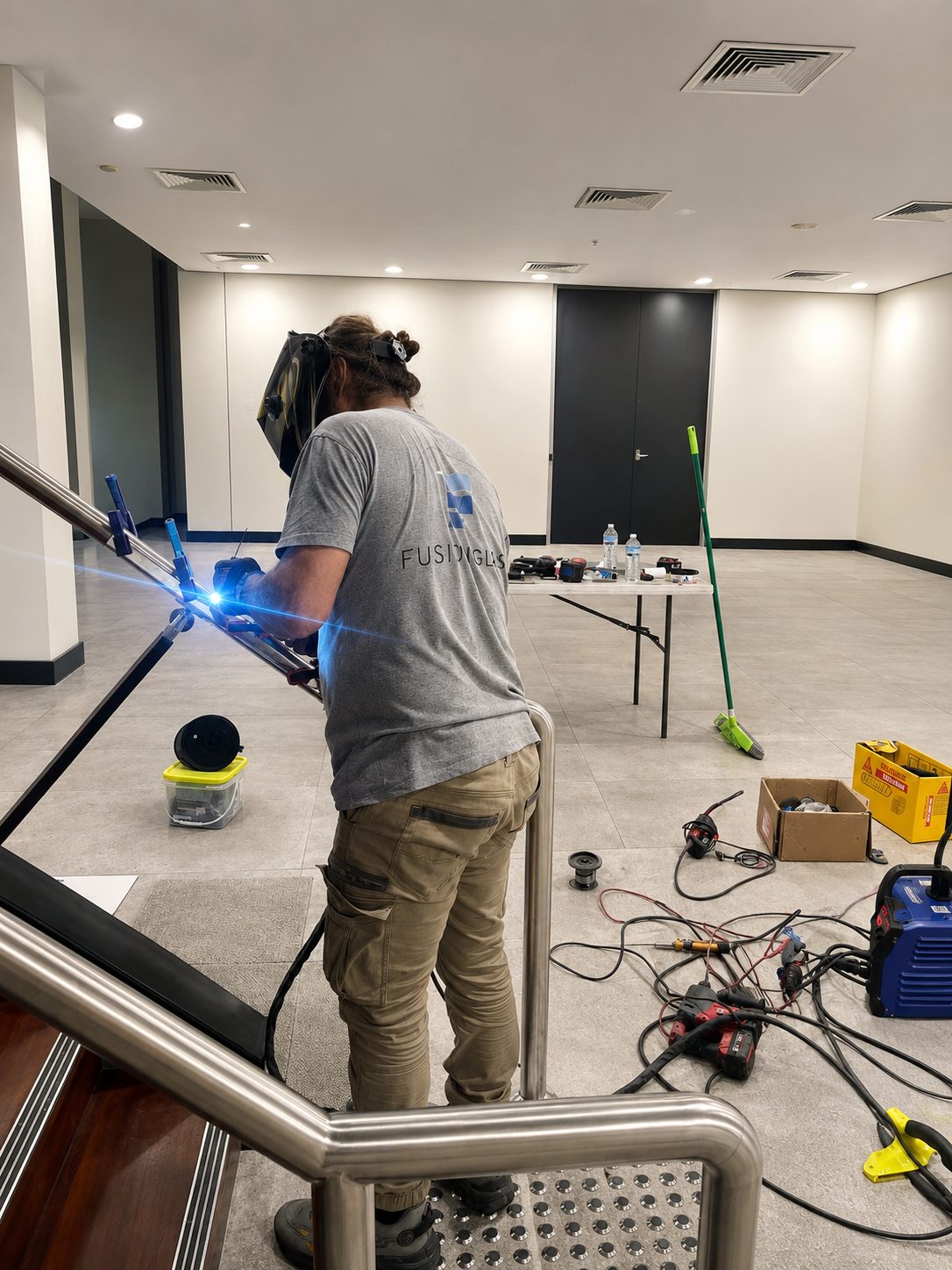 Commercial stair handrails, Sydney - during works